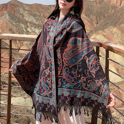 Buddhist Blessing Tibetan Cashew Flower Tassel Shawl Fall Winter Cozy Travel Scarf Wrap