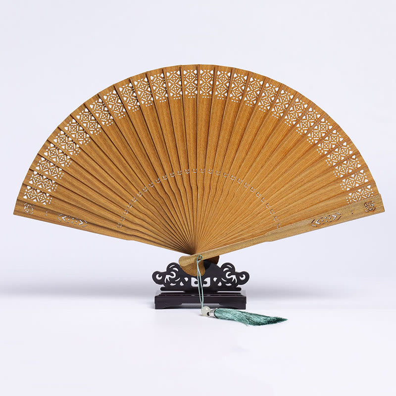 Buddhist Blessing Auspicious Clouds Crane Peacock Chang'e Moon Engraved Pattern Handheld Green Sandalwood Folding Fan