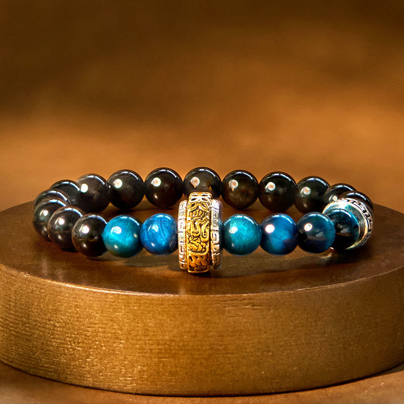 Buddhist Blessing Silver Sheen Obsidian Blue Tiger Eye Om Mani Padme Hum Protection Bracelet