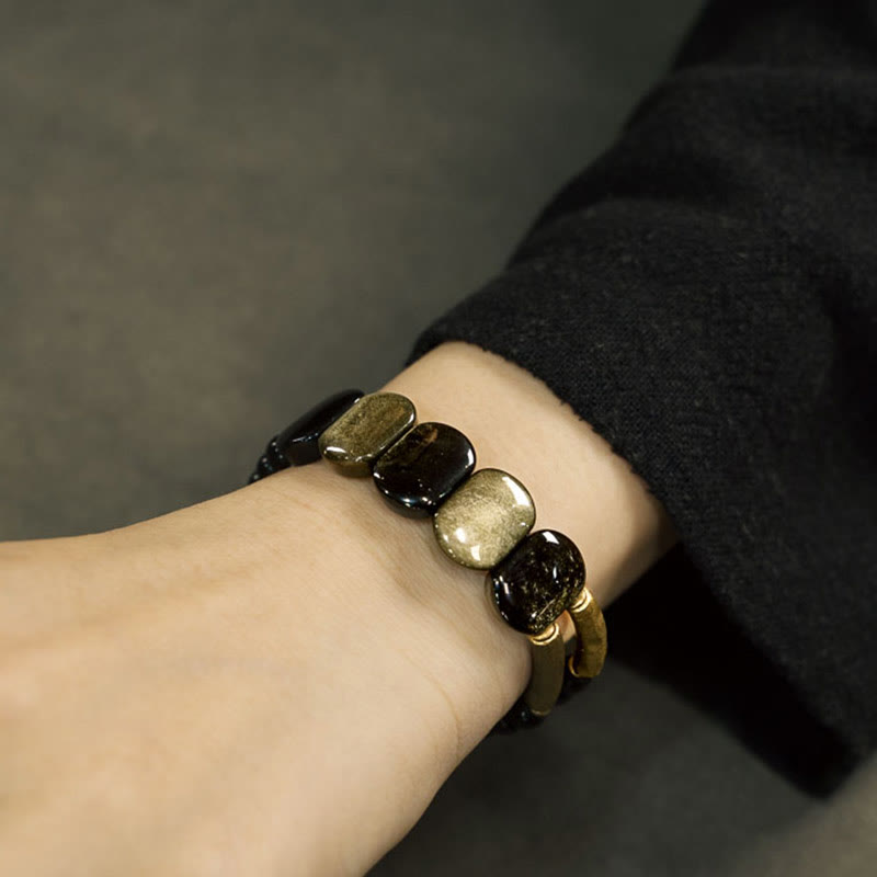 Buddhist Blessing Black Obsidian Gold Sheen Obsidian Strengthen Bracelet