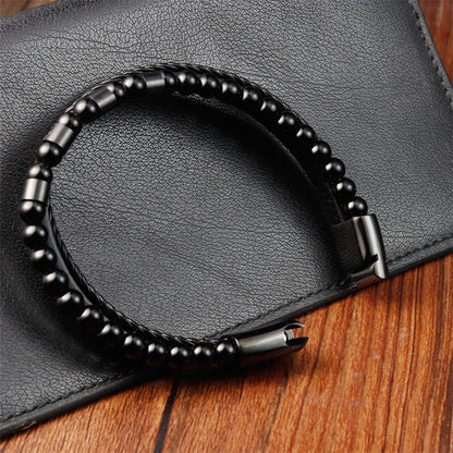 Buddhist Blessing Frosted Stone Multi-layer Leather Titanium Steel Balance Buckle Bracelet