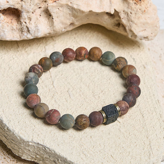 Buddhist Blessing Natural Picasso Jasper Square Lava Rock Courage Bracelet