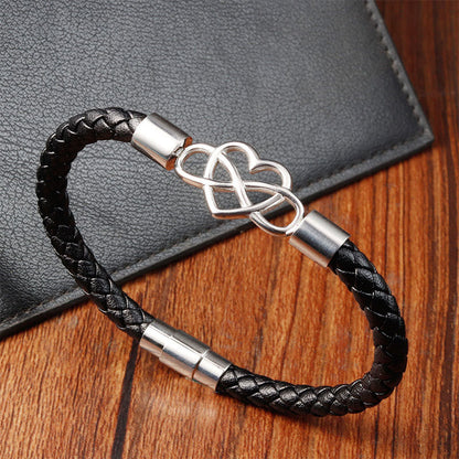 Buddhist Blessing Endless Knot Heart Leather Titanium Steel Strength Buckle Bracelet