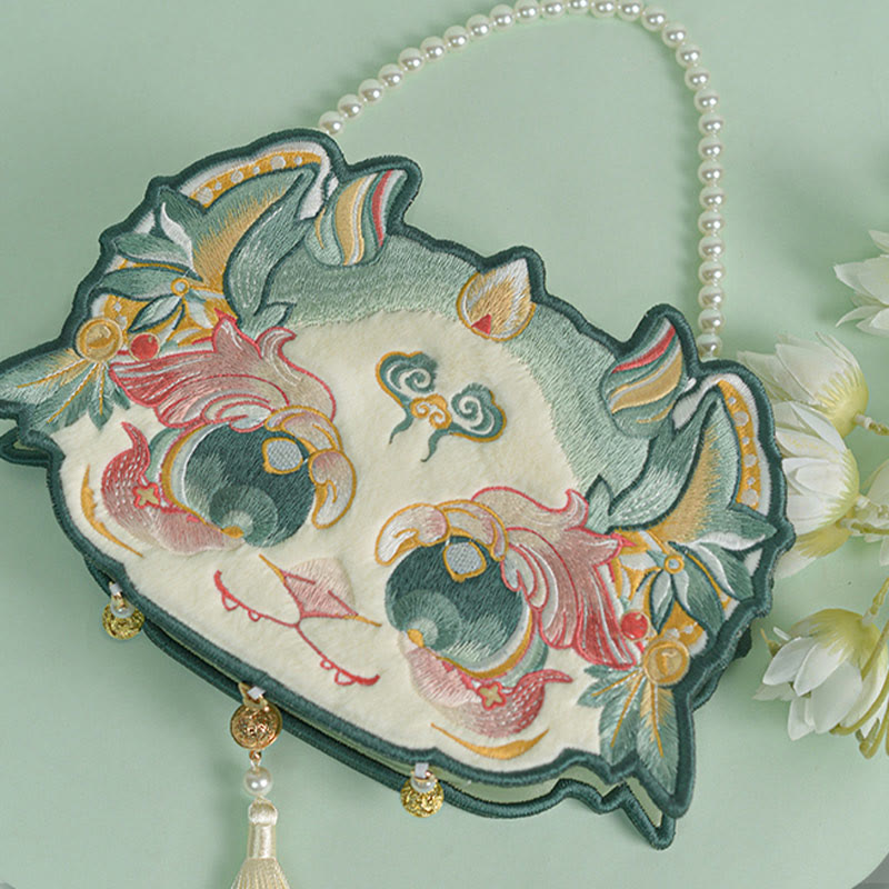 Buddhist Blessing Double-sided Mythical Beast Bai Ze Embroidery Pearl Chain Tassel Shoulder Bag Crossbody Bag