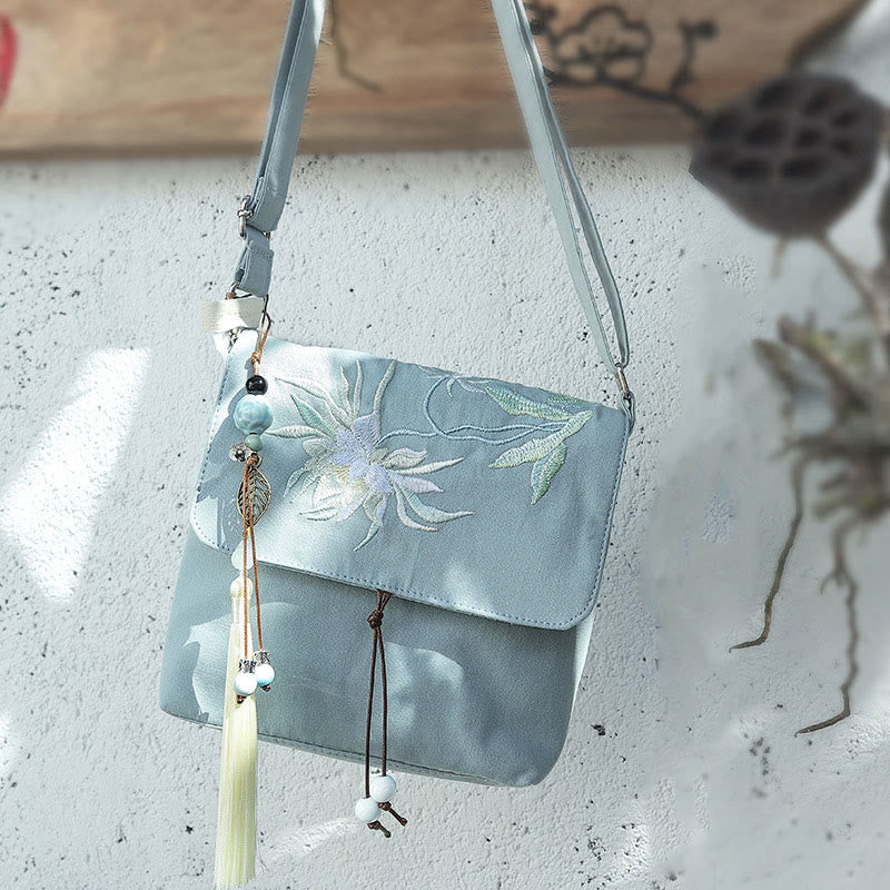 Buddhist Blessing Plain Embroidered LightBlue Epiphyllum Cotton Linen Crossbody Bag Shoulder Bag