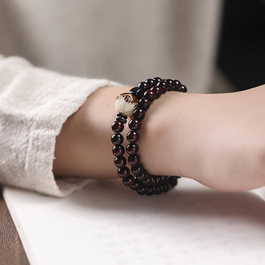Buddhist Blessing Small Leaf Red Sandalwood Lotus Bodhi Seed Carved Protection Double Wrap Bracelet