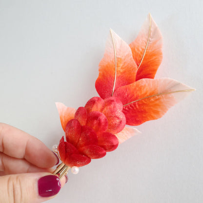 Buddhist Blessing Handmade Yangzhou Velvet Flower Mulberry Silk Red Koi Fish Leaves Brooch Hair Clip