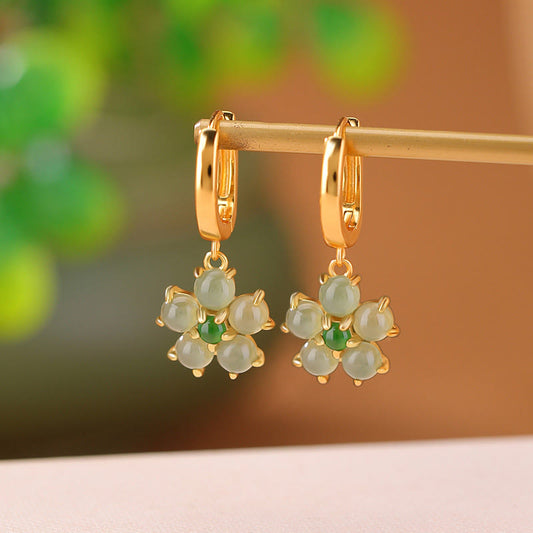 Buddhist Blessing 925 Sterling Silver Plated Gold Green Jade Flower Design Luck Prosperity Earrings
