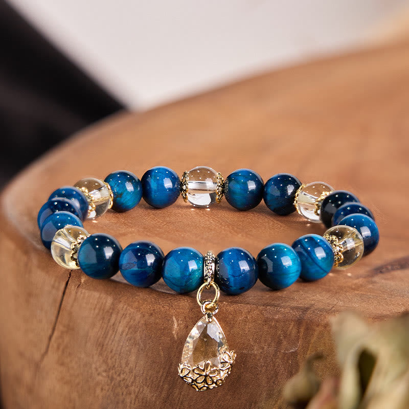 Buddhist Blessing Blue Tiger Eye White Crystal Water Drop Strength Bracelet