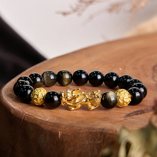 Buddhist Blessing Natural Gold Sheen Obsidian PiXiu Om Mani Padme Hum Wealth Bracelet