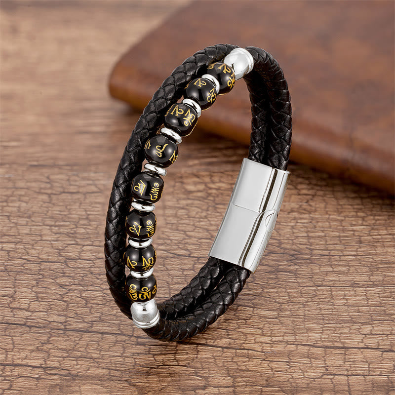 Buddhist Blessing Black Onyx Turquoise Tiger Eye Red Agate Om Mani Padme Hum Strength Leather Bracelet