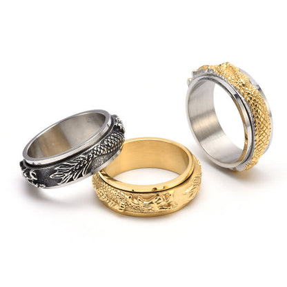 Buddhist Blessing Dragon Titanium Steel Stimulation Rotatable Ring