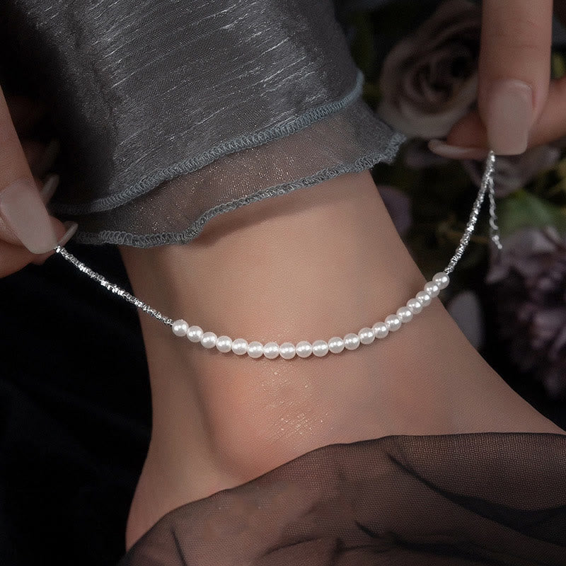 Buddhist Blessing 925 Sterling Silver Pearl Beads Protection Anklet