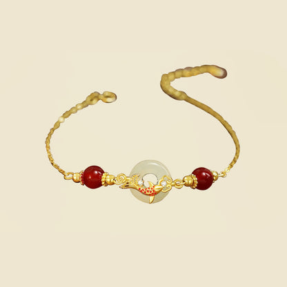 Buddhist Blessing Natural Hetian Jade 925 Sterling Silver Plated Gold Red Agate Beads Koi Fish Peace Buckle Luck Bracelet