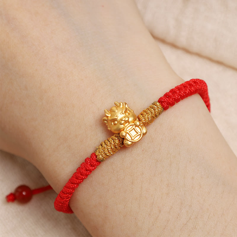 Buddhist Blessing 999 Sterling Silver Year of the Dragon Copper Coin Fortune Dragon Fu Character Luck Handcrafted Red String Braided Bracelet (Extra 30% Off | USE CODE: FS30)