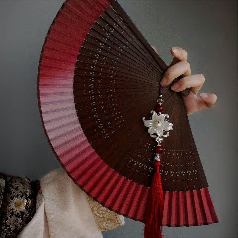 Buddhist Blessing Red Lily Tassel Hollow Rib Silk Handheld Bamboo Folding Fan