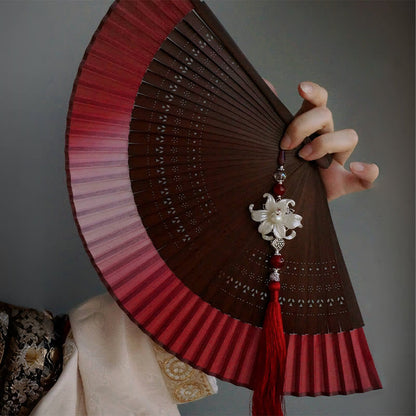 Buddhist Blessing Red Lily Tassel Hollow Rib Silk Handheld Bamboo Folding Fan