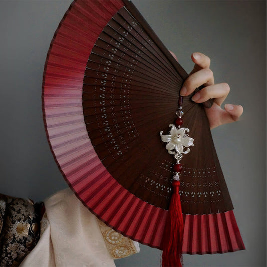 Buddhist Blessing Red Lily Tassel Hollow Rib Silk Handheld Bamboo Folding Fan