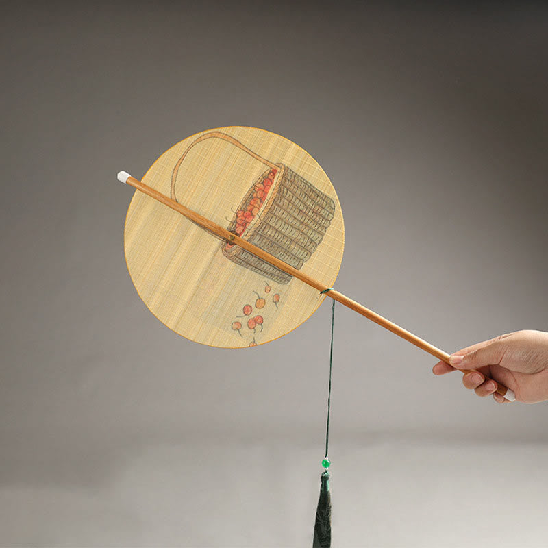 Buddhist Blessing Handmade Birds Flowers Persimmons Fruit Koi Fish Lotus Bamboo Long Handle Portable Curlable Fan