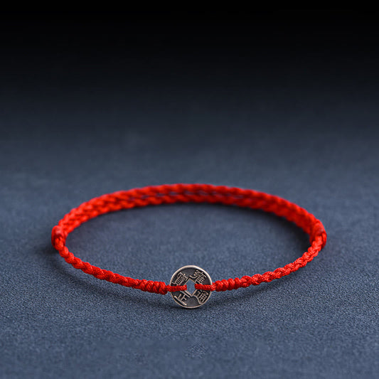 Buddhist Blessing 925 Sterling Silver Five Emperor Coins Red String Protection Luck Braided Bracelet Anklet