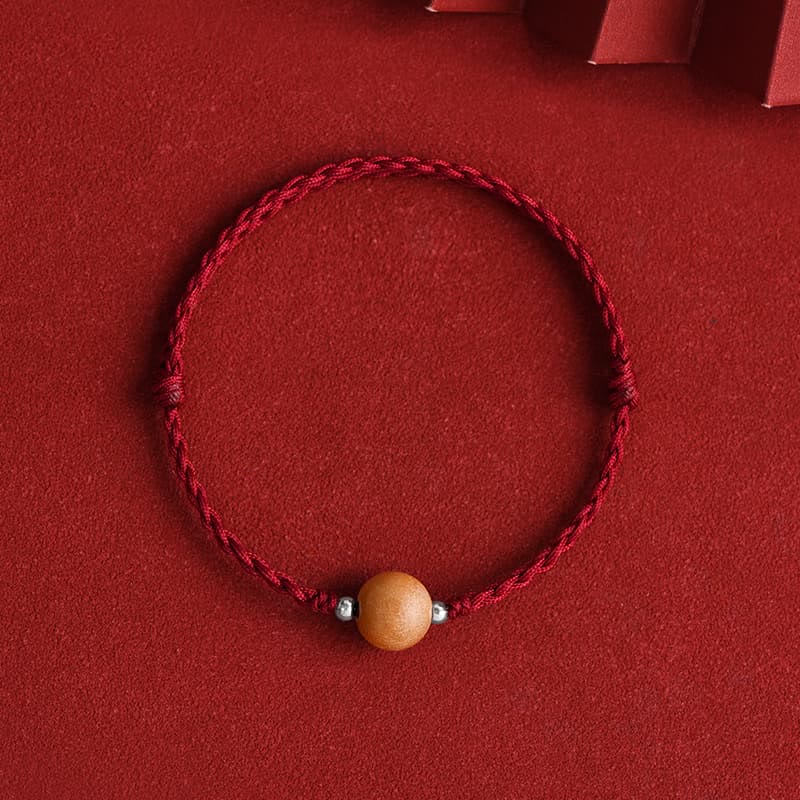 Buddhist Blessing Natural Peach Wood Bead Luck Braided Bracelet Anklet