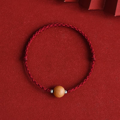 Buddhist Blessing Natural Peach Wood Bead Luck Braided Bracelet Anklet