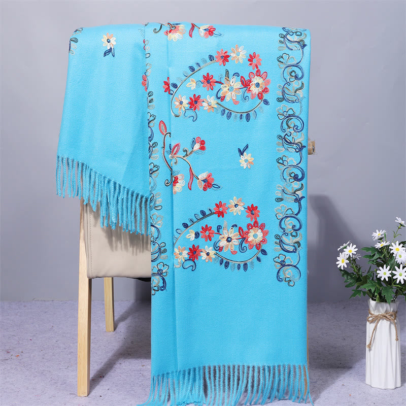 Buddhist Blessing Polyester Shawl Colorful Flower Ethnic Style Embroidery Tassel Winter Cozy Travel Scarf Wrap
