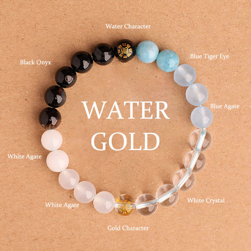 Buddhist Blessing Five Elements Various Agate Crystal Black Onyx Green Chalcedony Aquamarine Wisdom Bracelet