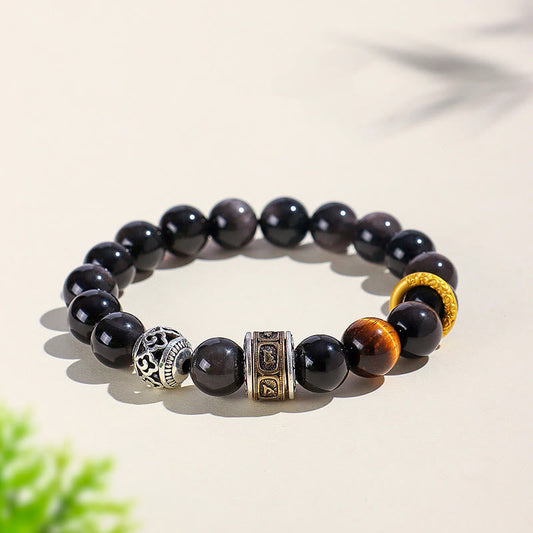Buddhist Blessing Silver Sheen Obsidian Tiger Eye Om Mani Padme Hum Protection Bracelet