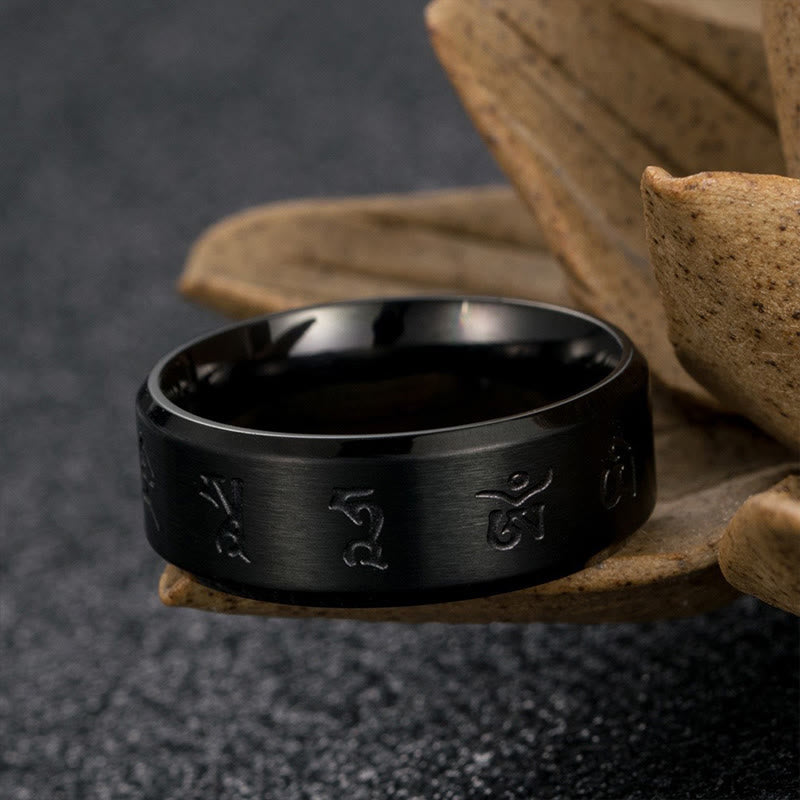 Buddhist Blessing Black Jambhala Mantra Titanium Steel Balance Ring