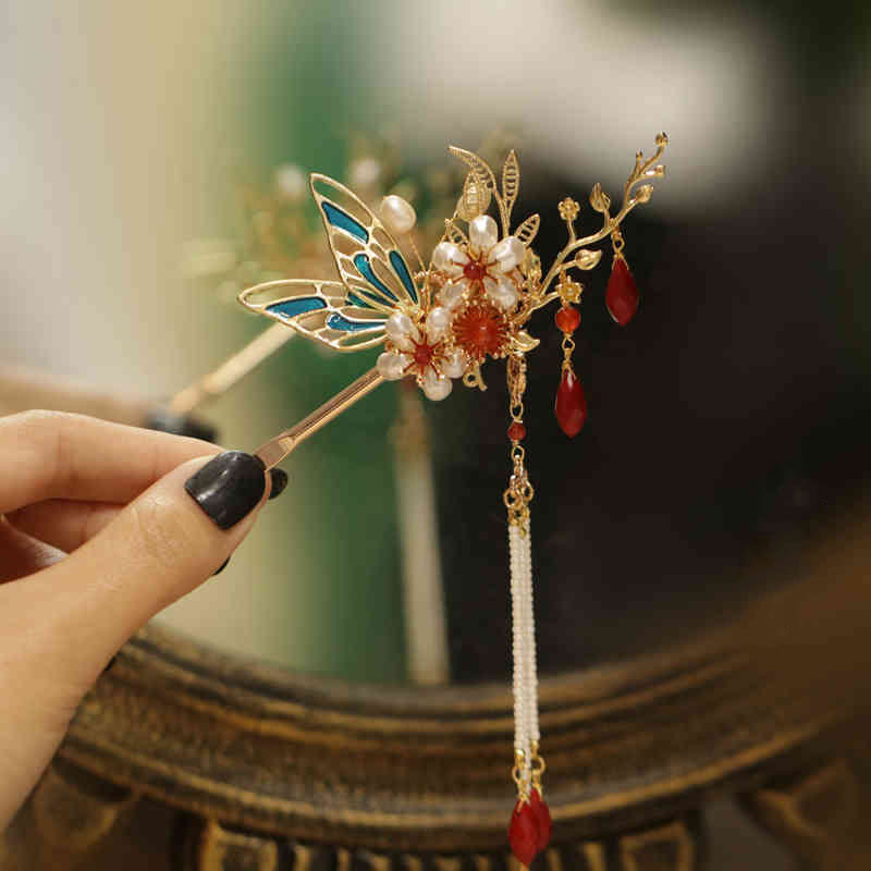 Buddhist Blessing Classical Chinese Style Flower Branche Butterfly Pearl Tassel Hair Clip Hair Comb Hair Crown