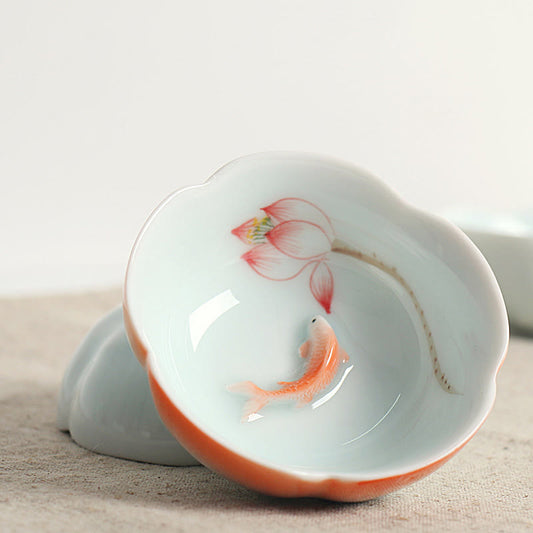 Buddhist Blessing Koi Fish Lotus Hand Teacup Kung Fu Tea Cup