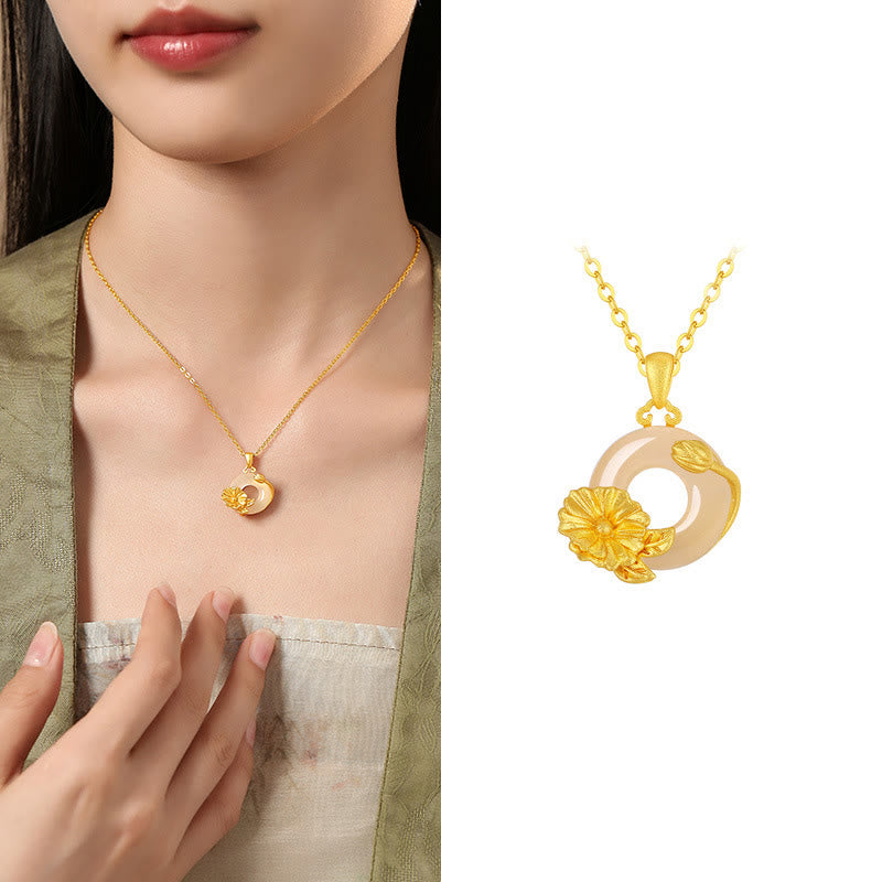 Buddhist Blessing Chalcedony 925 Sterling Silver Peace Buckle Flowers Necklace Pendant