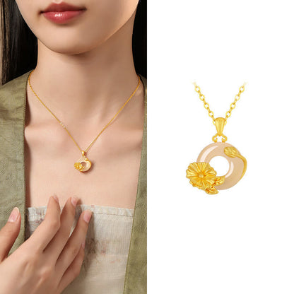 Buddhist Blessing Chalcedony 925 Sterling Silver Peace Buckle Flowers Necklace Pendant