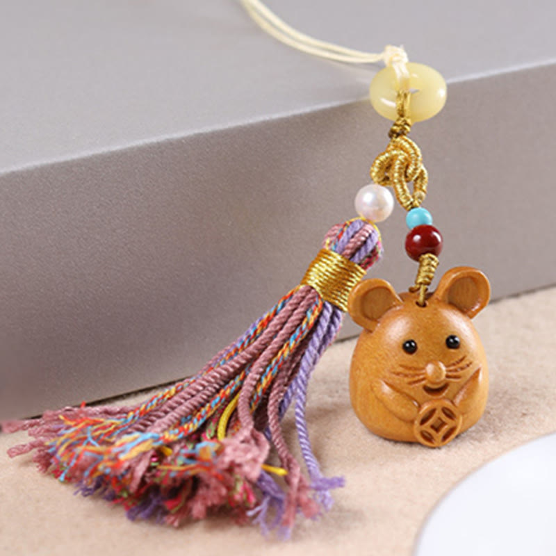 Buddhist Blessing Sandalwood 12 Chinese Zodiac Blessing Colorful Tassel Accessories Keychain