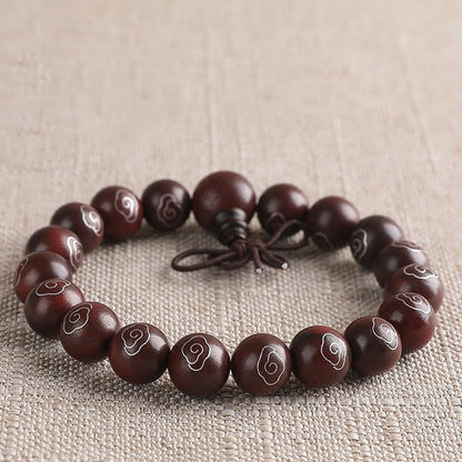 Buddhist Blessing 925 Sterling Silver Inlaid Small Leaf Red Sandalwood Om Mani Padme Hum Character Auspicious Clouds Protection Bracelet