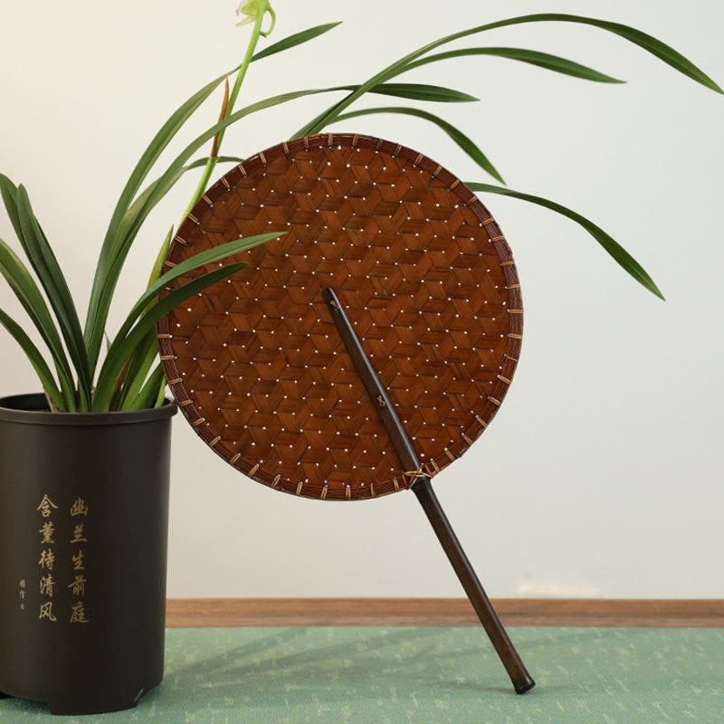 Buddhist Blessing Vintage Chinese Style Handmade Round Octagonal Shaped Bamboo Long Handle Fan