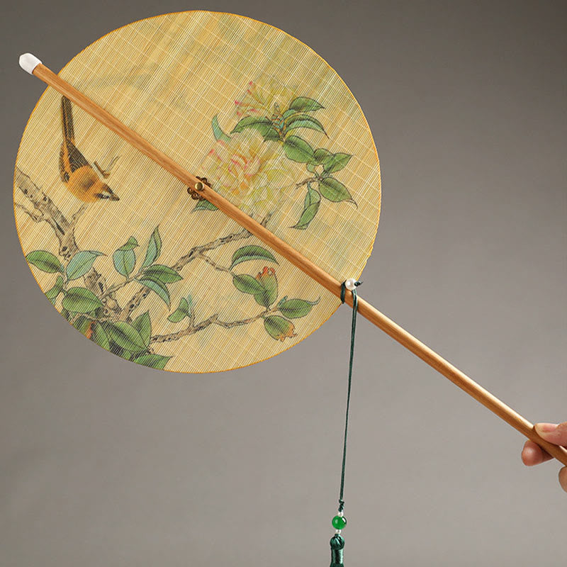 Buddhist Blessing Handmade Birds Flowers Persimmons Fruit Koi Fish Lotus Bamboo Long Handle Portable Curlable Fan