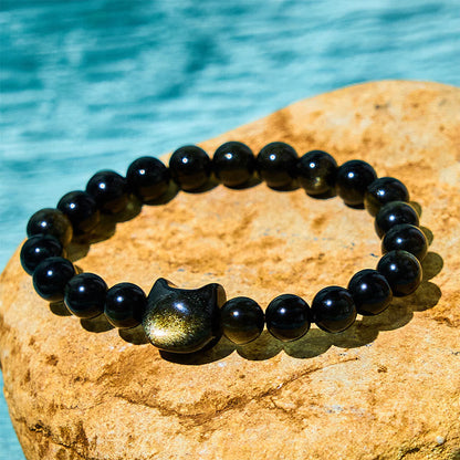 Buddhist Blessing Gold Sheen Obsidian Silver Sheen Obsidian Lovely Paw Lucky Cat Protection Bracelet