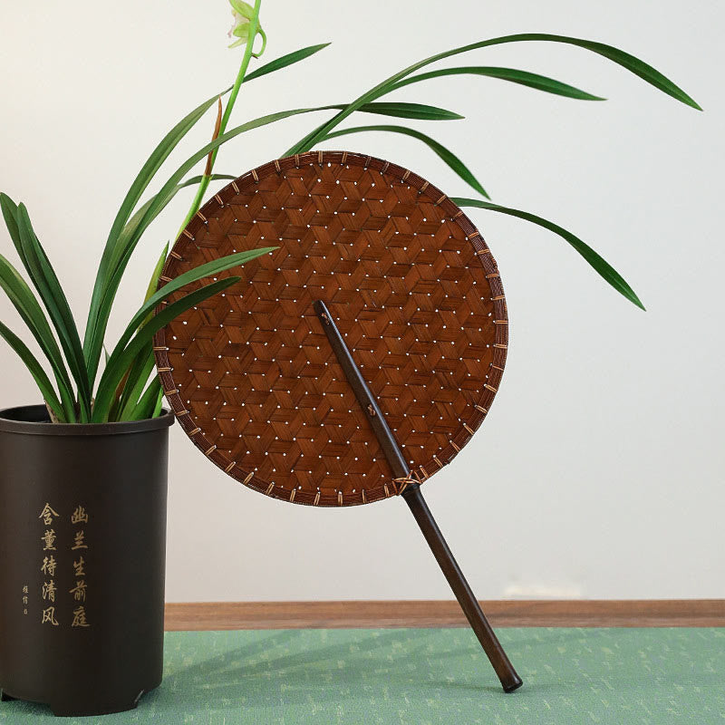 Buddhist Blessing Vintage Chinese Style Handmade Round Octagonal Shaped Bamboo Long Handle Fan
