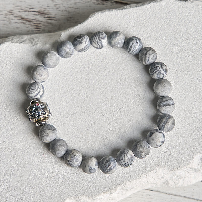 Buddhist Blessing Natural Frosted Grey Jasper Buddha Face Healing Protection Bracelet