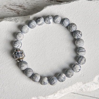 Buddhist Blessing Natural Frosted Grey Jasper Buddha Face Healing Protection Bracelet
