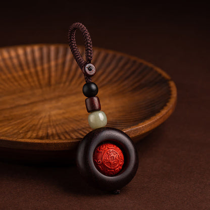 Buddhist Blessing Tibet Om Mani Padme Hum PiXiu Copper Coin Small Leaf Red Sandalwood Cinnabar Protection Key Chain