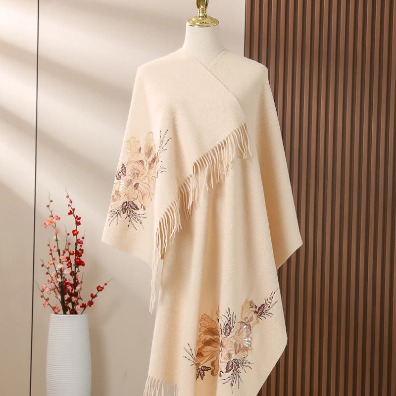 Buddhist Blessing Wool Shawl Flower Sequin Embroidery Tassel Winter Cozy Travel Scarf Wrap