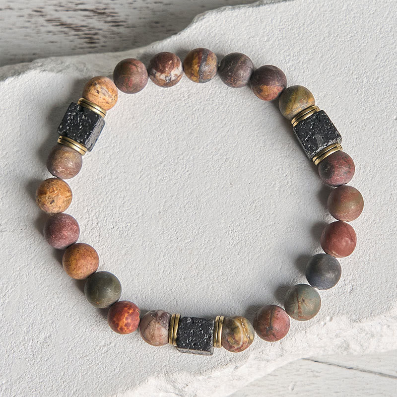 Buddhist Blessing Natural Picasso Jasper Square Lava Rock Positive Bracelet