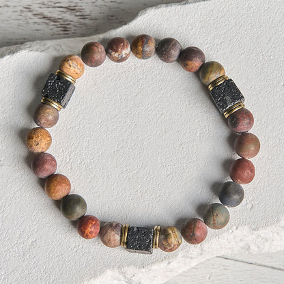 Buddhist Blessing Natural Picasso Jasper Square Lava Rock Positive Bracelet