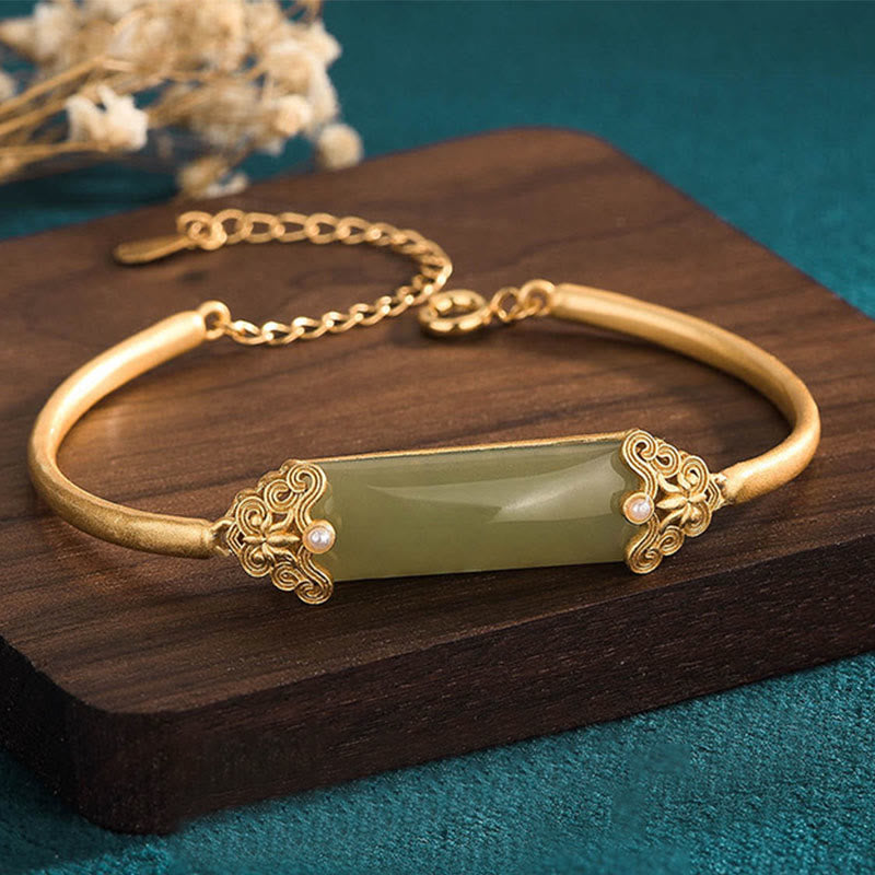 Buddhist Blessing Hetian Jade 24K Gold Plated Luck Bracelet Bangle