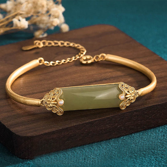 Buddhist Blessing Hetian Jade 24K Gold Plated Luck Bracelet Bangle
