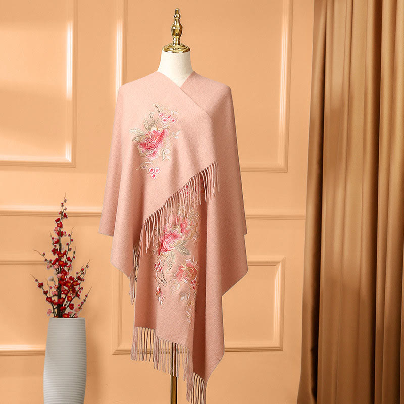 Buddhist Blessing Wool Shawl Red Flower Leaves Embroidery Tassel Winter Cozy Travel Scarf Wrap