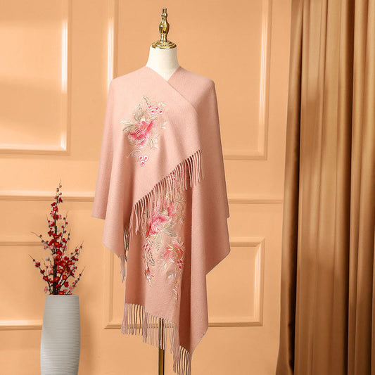 Buddhist Blessing Wool Shawl Red Flower Leaves Embroidery Tassel Winter Cozy Travel Scarf Wrap